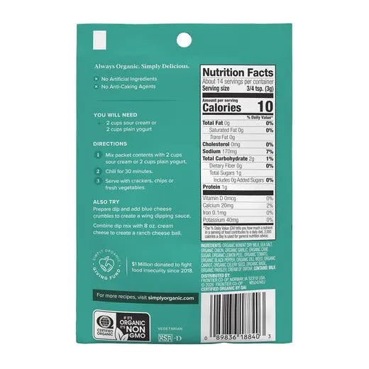 Simply Organic Ranch Dip Mix 1.50 oz.